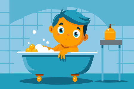 A cartoon boy is in a bathtub with bubbles. He is smiling and enjoying his bath. The bathtub is blue and has a soap dispenser on the sideのイラスト素材