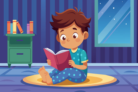 A boy is reading a book in a room with a window. The room is dimly lit, and the boy is sitting on a rugのイラスト素材