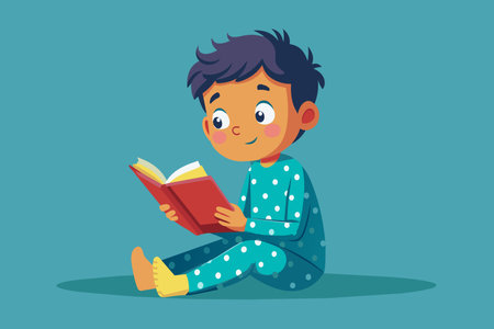 A boy is reading a book in bed. He is wearing pajamas and has a smile on his faceのイラスト素材