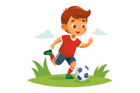 A young boy is playing soccer in a field. He is wearing a red shirt and blue shortsのイラスト素材