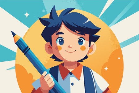 A cartoon boy is holding a pencil and smiling. The image is bright and cheerful, with a focus on the boy's happy expressionのイラスト素材