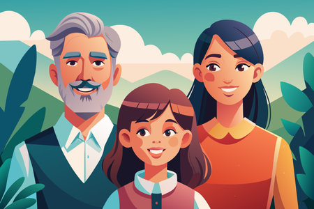 A cartoon drawing of a family with a man, a woman and a child. The man is smiling and the woman and the child are smiling as wellのイラスト素材