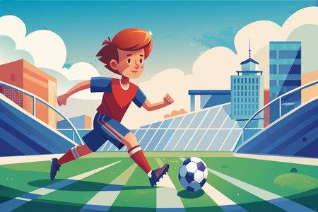 A boy is kicking a soccer ball on a field. The sky is blue and there are some cloudsのイラスト素材