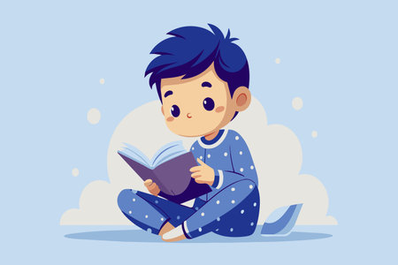 A boy is reading a book in bed. The boy is wearing a blue pajama setのイラスト素材