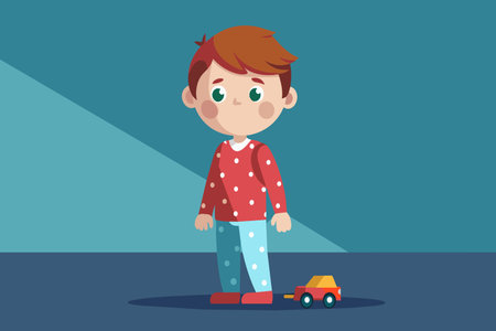 A boy in a red shirt and blue pajamas stands in front of a toy car. The scene is simple and playful, with the boy looking at the car with curiosity. Scene is lighthearted and funのイラスト素材
