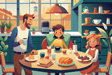 A family is sitting around a table with food and drinks. The man is holding a cup of coffee, and the woman is holding a cup of tea. The children are sitting in chairs, and there are several cupsのイラスト素材