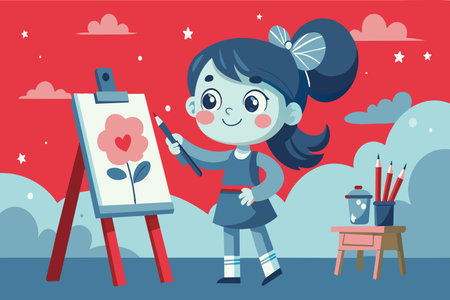 A young girl is painting a picture of a flower on a canvas. She is wearing a blue dress and has a smile on her face. The painting is done in a bright and cheerful style, with the girl's happinessのイラスト素材