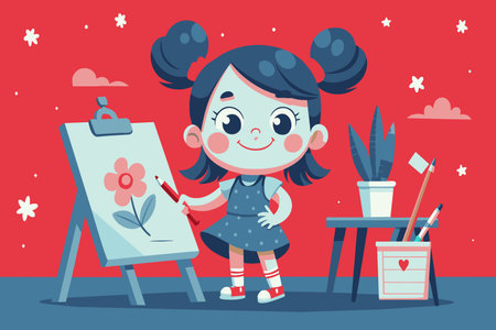 A young girl is drawing a flower on a canvas. She is smiling and seems to be enjoying herself. The scene is set in a room with a table and chairs, and there are several art suppliesのイラスト素材