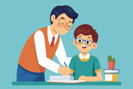 A man is helping a boy write. The boy is wearing glasses and the man is wearing a tie. The scene is set in a classroom with a desk and a potted plantのイラスト素材