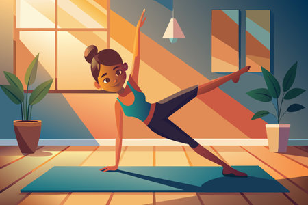 A woman is doing a plank exercise in a room with a potted plant. The room is bright and sunny, and the woman is smiling as she works outのイラスト素材