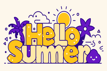 A cartoonish drawing of a beach with palm trees and a sun. The word "hello" is written in a fun, playful fontのイラスト素材