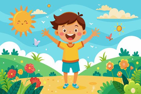 A boy is standing in a field with flowers and butterflies. He is smiling and he is happyのイラスト素材