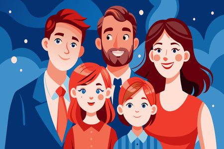 A family of five people are smiling for the camera. The father is wearing a tie and the mother is wearing a red dress. The image has a happy and warm moodのイラスト素材