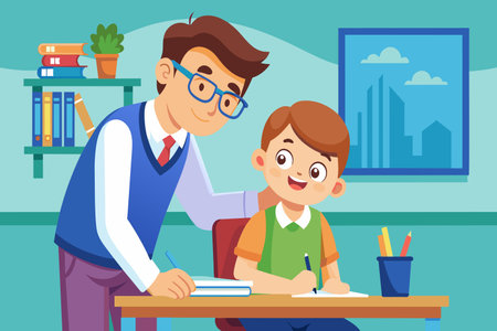A man is helping a boy with his homework. The boy is smiling and seems to be enjoying the help. The man is wearing glasses and a tie. The room has a desk with a book and a pencil on itのイラスト素材