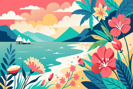 A colorful painting of a beach with a house and a boat in the water. The flowers are pink and the sky is orangeのイラスト素材