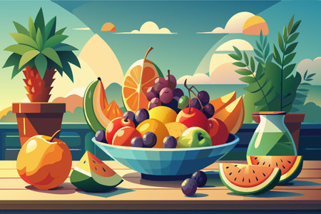 A colorful fruit bowl with apples, oranges, grapes, and watermelon on a table. The bowl is blue and the fruits are arranged in a visually appealing way. Concept of freshness and abundanceのイラスト素材
