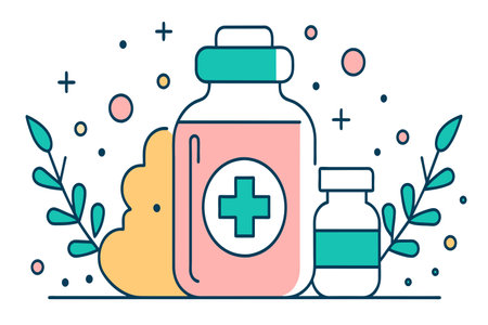 A bottle of medicine with a cross on it and a bottle of medicine next to it. The image has a bright and cheerful moodのイラスト素材
