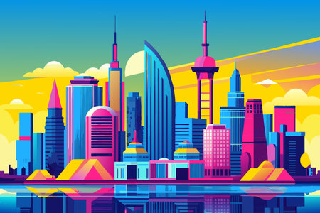 A city skyline with a large building in the middle. The sky is blue and the buildings are in different colorsのイラスト素材