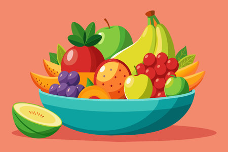 A bowl of fruit with a green apple and a red appleのイラスト素材