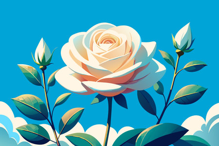 A white rose is the main focus of the image, with green leaves surrounding it. The blue sky in the background adds a sense of calmness and serenity to the scene. Scene is peaceful and tranquilのイラスト素材