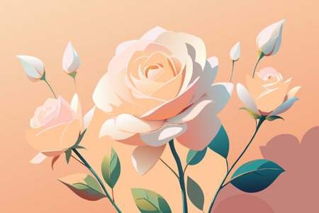 A close up of a white rose with green leaves. The rose is surrounded by other roses and leaves, creating a beautiful and serene scene. Concept of peace and tranquilityのイラスト素材