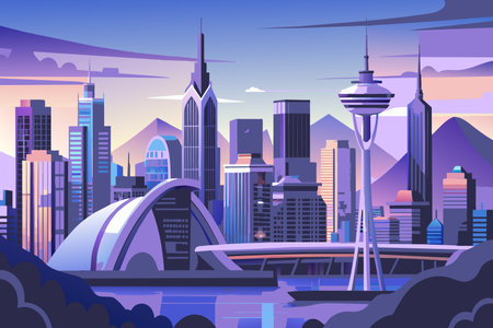 A city skyline with a bridge and a large dome in the background. The sky is a mix of blue and purpleのイラスト素材