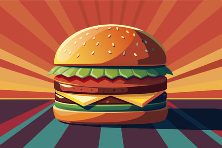 A cartoon hamburger with lettuce and cheese on top. The burger is sitting on a table with a bright orange backgroundのイラスト素材
