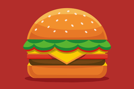 A cartoon hamburger with lettuce and cheese on top. The burger is on a red background. The burger is a cartoon and not a real oneのイラスト素材