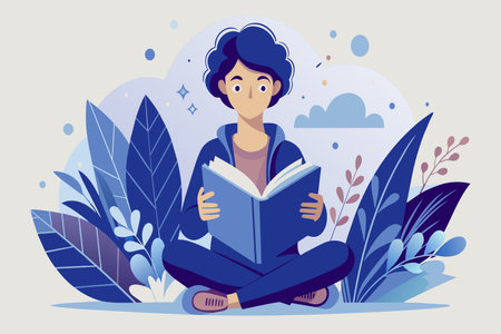 A young woman is sitting in a garden with a book in her lap. She is reading the book and she is enjoying it. Concept of relaxation and leisure, as the woman is taking the time to readのイラスト素材