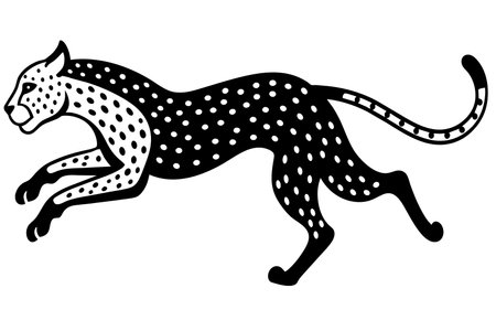 A black and white image of a leopard running. The leopard is the main focus of the image, and it is in motion. The image has a sense of energy and movementのイラスト素材