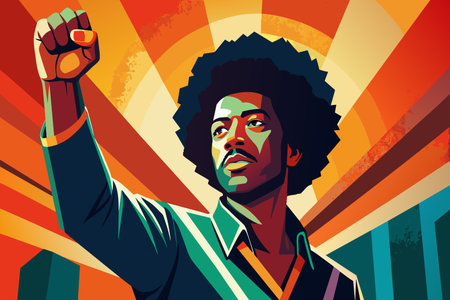 A man with a fist raised in the air. The man is wearing a blue shirt and a black jacketのイラスト素材