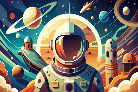 A colorful space scene with a man in a spacesuitのイラスト素材