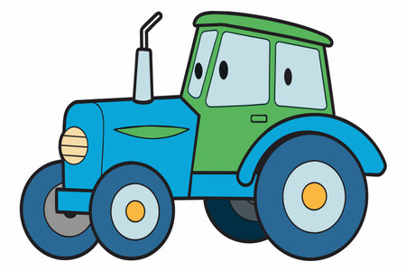 A cartoon tractor with a green caboose and a blue caboose. The tractor is smiling and has a happy expressionのイラスト素材