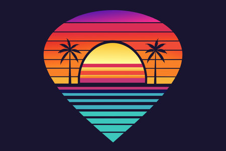 A colorful image of a sunset with palm trees and a blue ocean. The image has a tropical vibe and is meant to evoke feelings of relaxation and vacationのイラスト素材