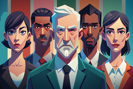A group of people are standing in front of a building, with one man wearing a tie. The image is a cartoonish representation of a group of people in suits, with one man looking at the cameraのイラスト素材