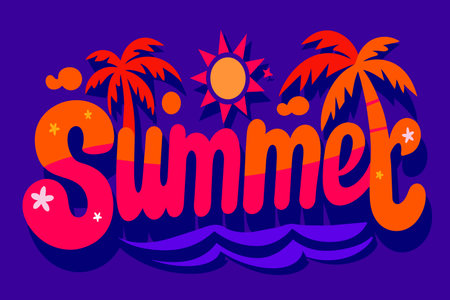 A colorful poster with a tropical theme and the word "summer" written in a fun, playful fontのイラスト素材