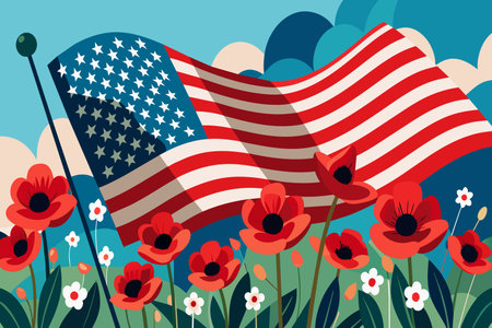 A red, white, and blue American flag is flying in the air next to a field of red flowersのイラスト素材