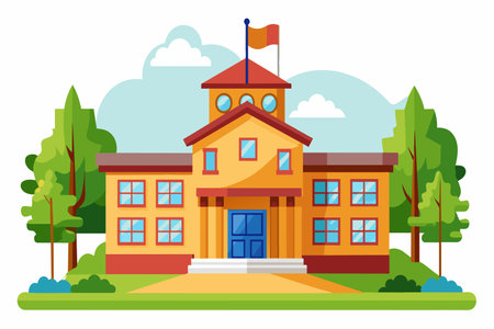 A school building with a flag on top. The flag is red and white. The building is yellow and has a red roofのイラスト素材
