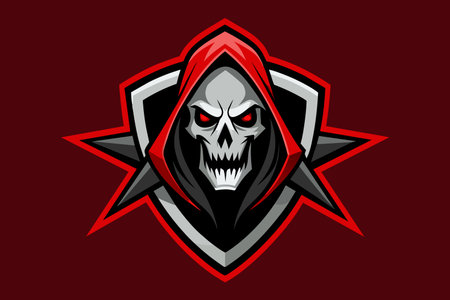 A skull with a red hood is on a red background. The skull has a menacing look and the red hood adds to the overall eerie atmosphereのイラスト素材