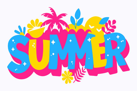 Summer is a bright and colorful word that is surrounded by a tropical scene. Palm trees, flowers, and fruit, creating a fun and lively atmosphereのイラスト素材