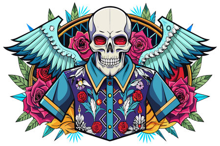 A skull with red eyes is wearing a blue shirt with flowers on it. The skull is surrounded by a colorful background with flowers and a bird. Scene is dark and eerieのイラスト素材