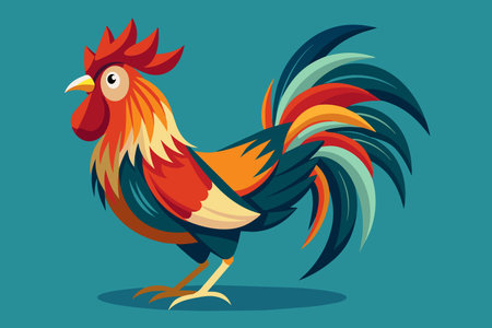 A colorful rooster with a red beak stands on a blue background. The bright colors and the rooster's pose give the image a cheerful and lively moodのイラスト素材
