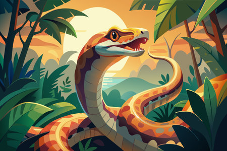 A cartoon snake is shown in a jungle setting, with a sun in the background. The snake appears to be in a playful mood, as it is shown with its mouth open and tongue outのイラスト素材