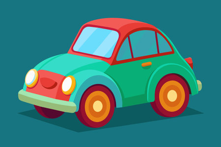 A cartoon car with a green and red color scheme. The car is smiling and has a happy expressionのイラスト素材