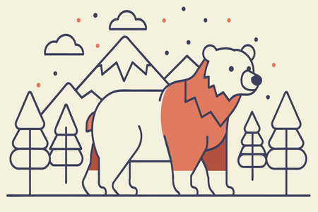 A bear is standing in a forest with mountains in the background. The bear is wearing a red jacket and he is happyのイラスト素材