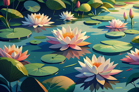 A painting of a pond with many white flowers floating on the water. The mood of the painting is serene and peacefulのイラスト素材
