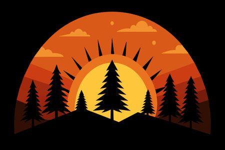 A sun is rising over a forest with trees in the foreground and background. The sun is orange and the sky is cloudyのイラスト素材