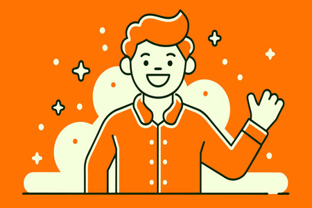 A cartoon man is waving at the camera with a smile on his face. The image has a bright and cheerful mood, and the idea is to convey a sense of happiness and positivityのイラスト素材