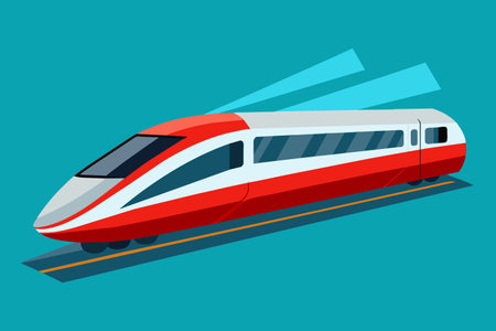 A red and white train is shown in motion, with the train's windows reflecting the sunlight. The train is traveling at a high speed, and the image conveys a sense of motion and energyのイラスト素材