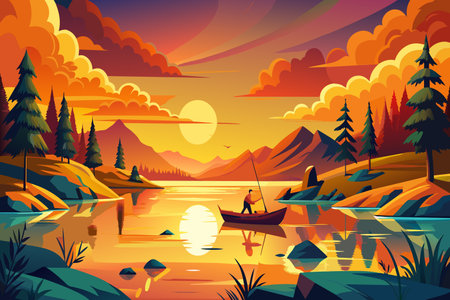 A man is fishing in a lake at sunset. The sky is orange and the water is calmのイラスト素材